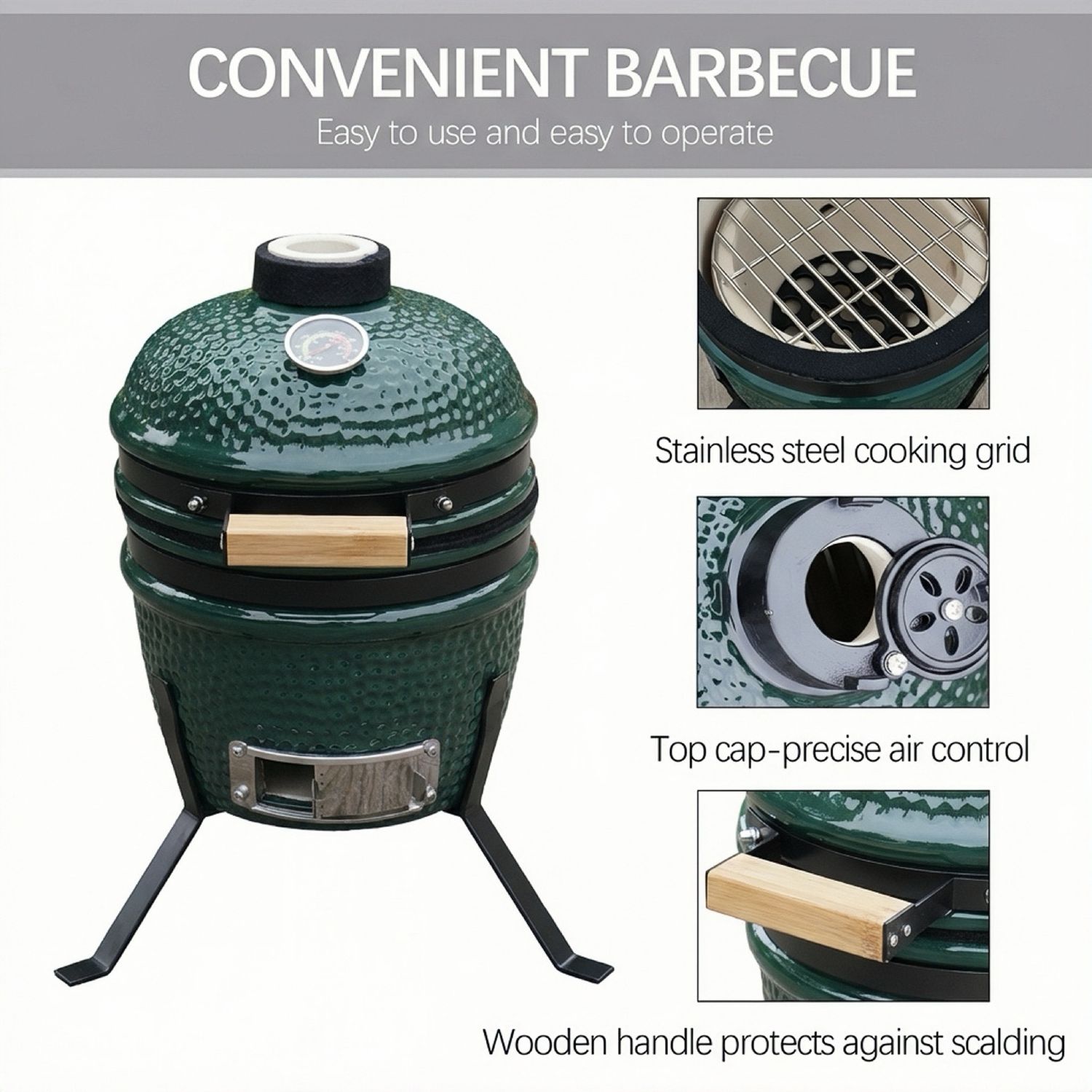 Alivio Kamado 13" Ceramic Mini BBQ Grill Smoker Egg Charcoal Cooking Oven, Portable Oven and Smoker with Stand - Image 12