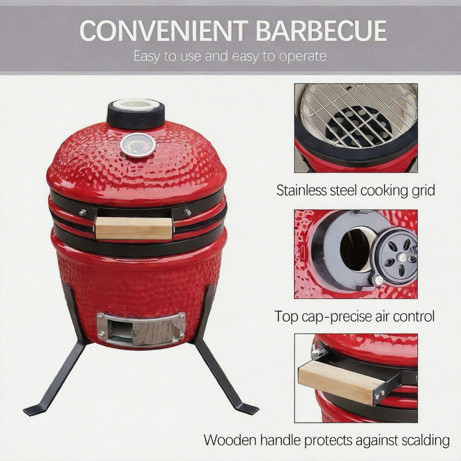 Alivio Kamado 13" Ceramic Mini BBQ Grill Smoker Egg Charcoal Cooking Oven, Portable Oven and Smoker with Stand - Image 7