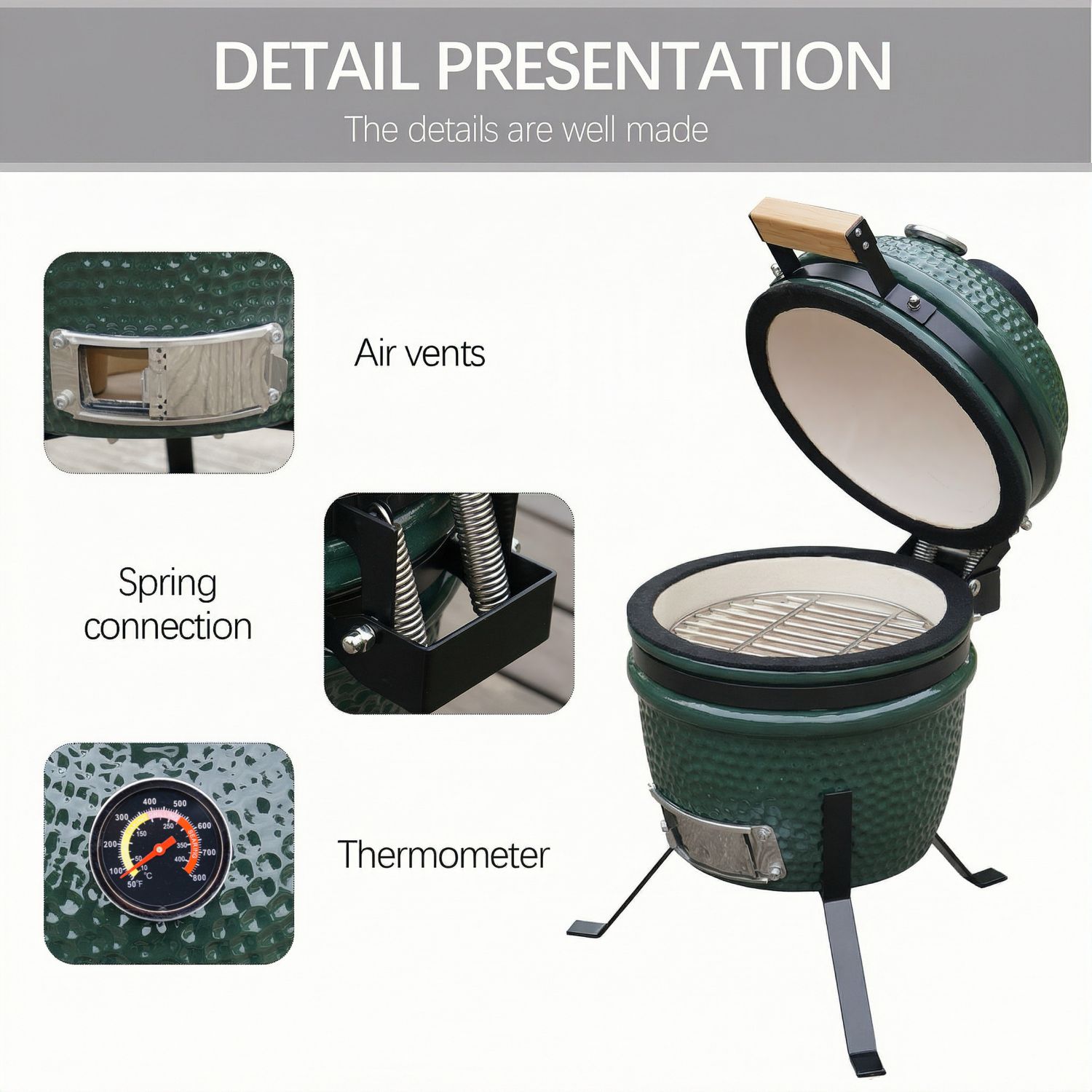 Alivio Kamado 13" Ceramic Mini BBQ Grill Smoker Egg Charcoal Cooking Oven, Portable Oven and Smoker with Stand - Image 13