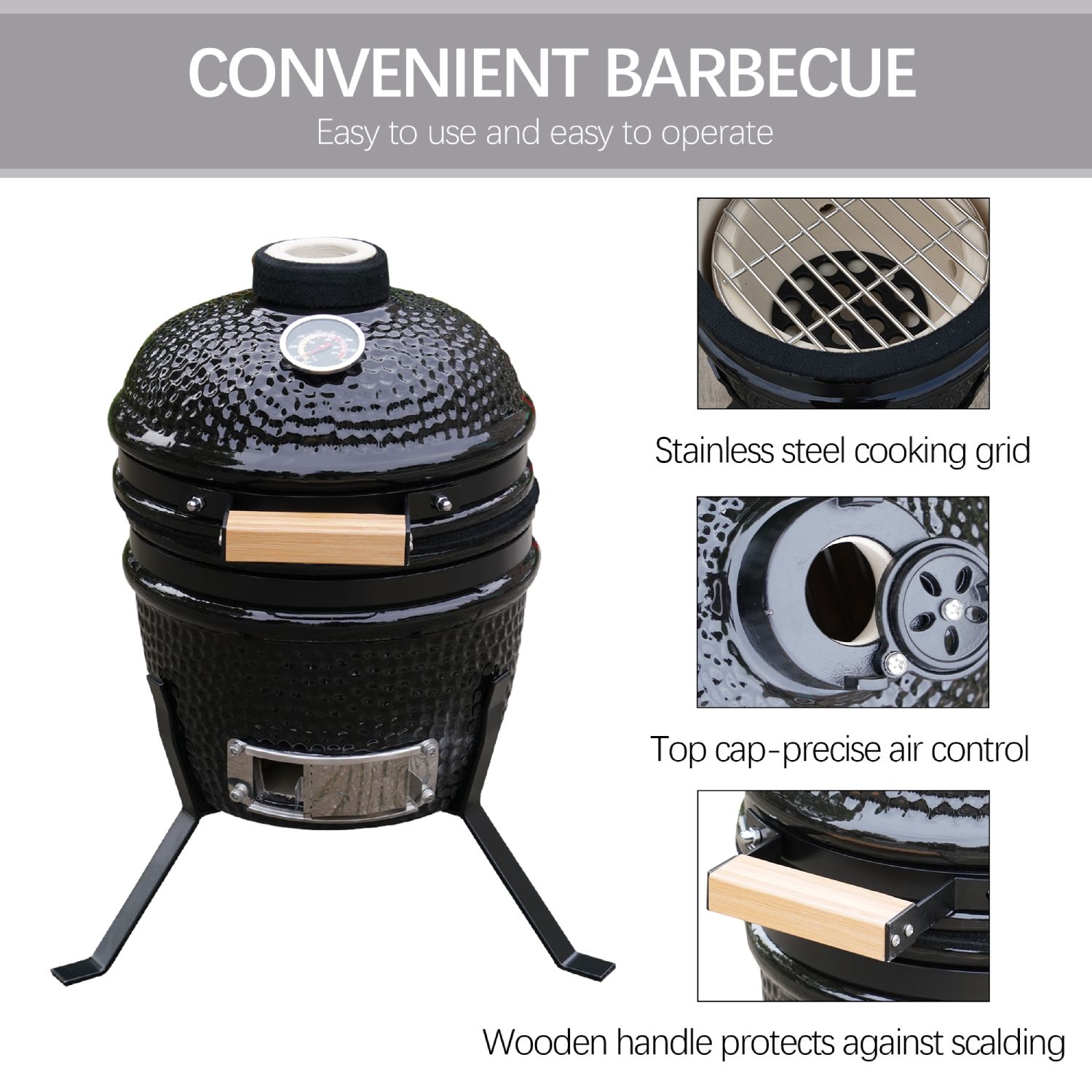 Alivio Kamado 13" Ceramic Mini BBQ Grill Smoker Egg Charcoal Cooking Oven, Portable Oven and Smoker with Stand - Image 3