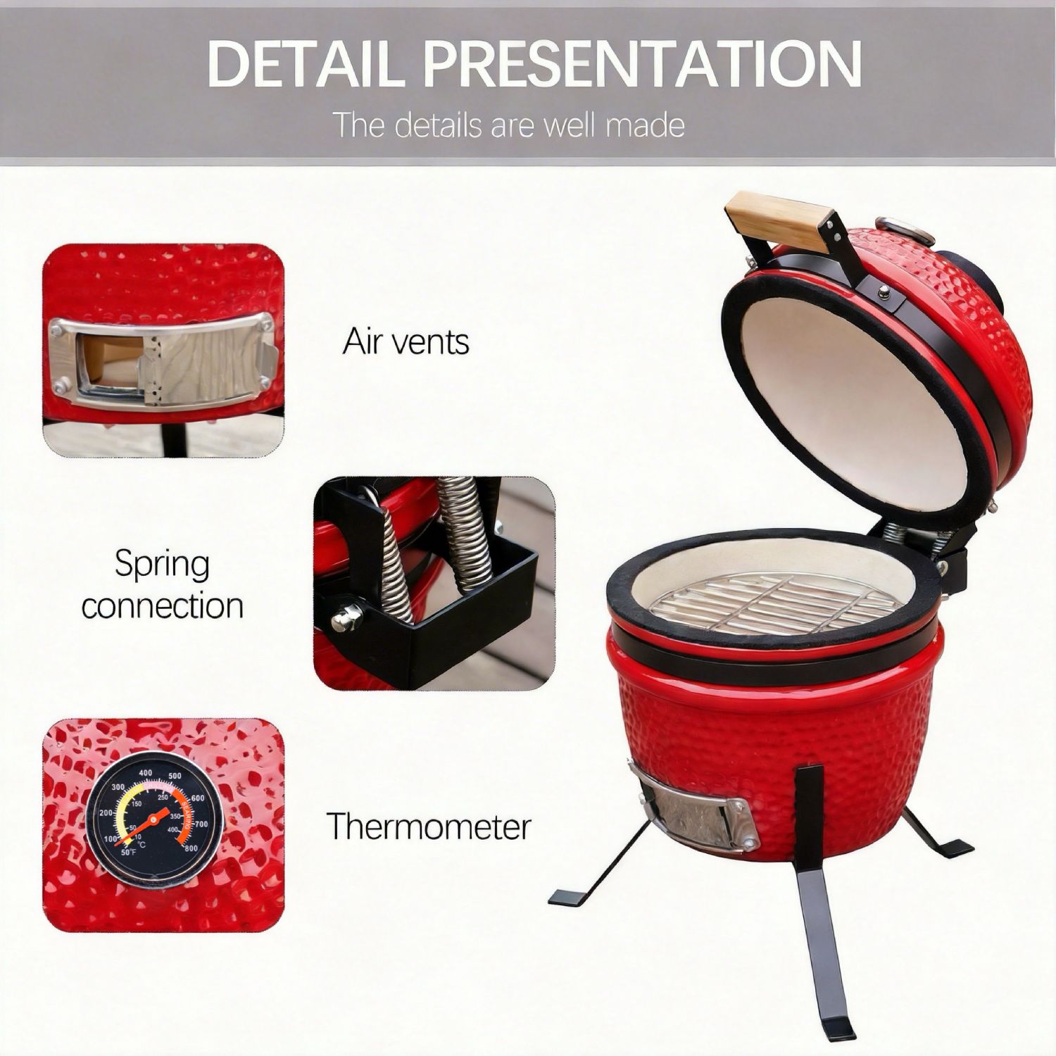 Alivio Kamado 13" Ceramic Mini BBQ Grill Smoker Egg Charcoal Cooking Oven, Portable Oven and Smoker with Stand - Image 8