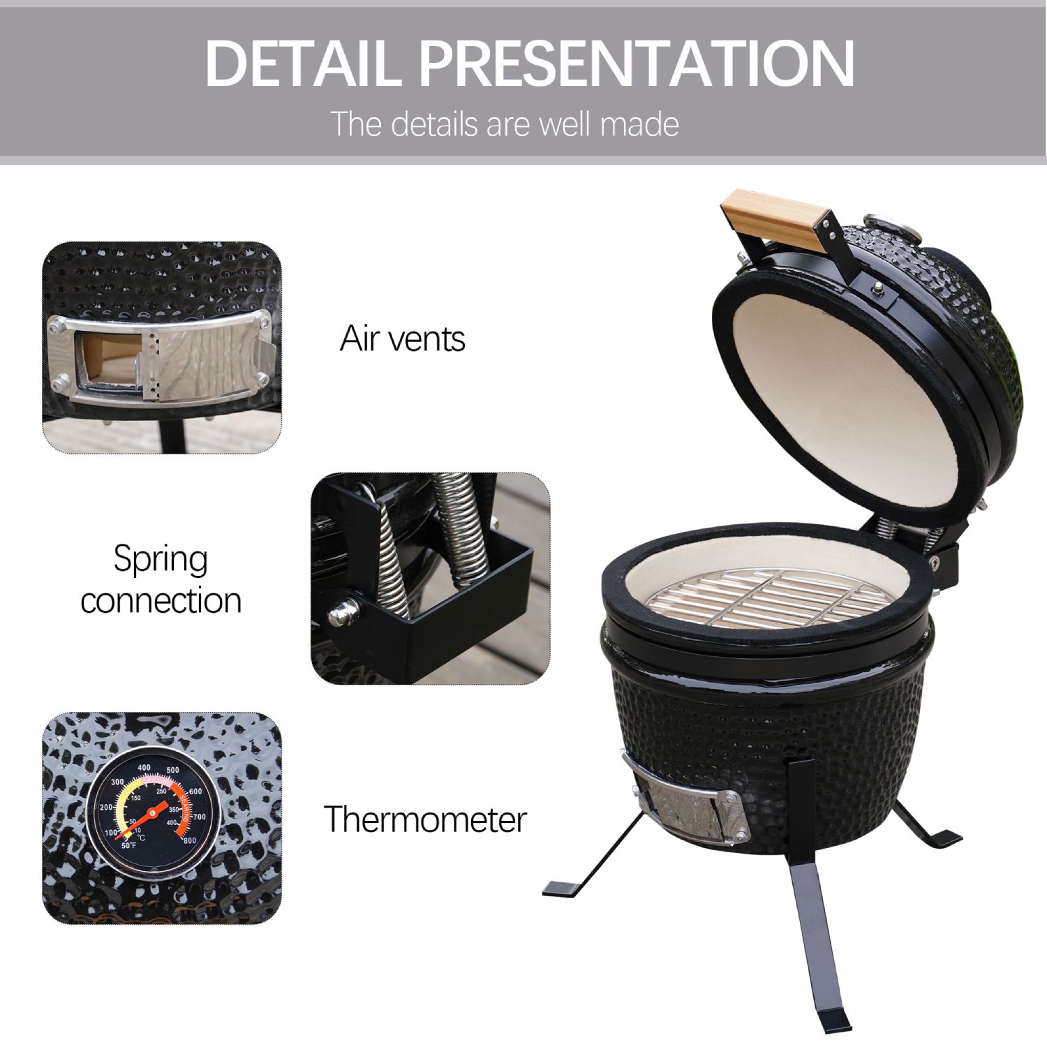 Alivio Kamado 13" Ceramic Mini BBQ Grill Smoker Egg Charcoal Cooking Oven, Portable Oven and Smoker with Stand - Image 4