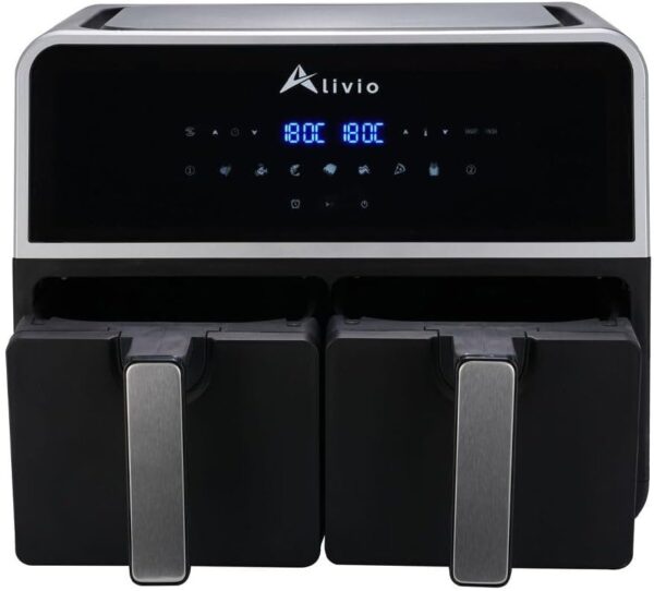 Alivio 9L Double Basket Digital Air Fryer 1500W, Smart Air Fryer 80-200°C with Timer for Vegetables, Fish, Shrimps, Ribs, Chicken Wings, Pizza, Chips (Black)