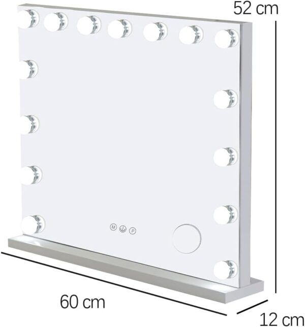 Alivio Hollywood Vanity Cosmetic Mirror with 15 LED Bulbs, 60 x 52cm Large Makeup Mirror, USB & Type-C Charging Port, 10X Magnifying Smart Touch 3 Color Modes & Adjustable Brightness - Image 6