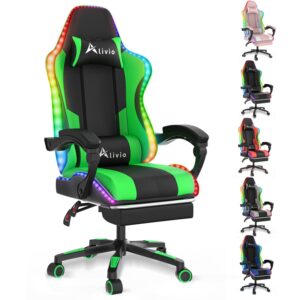 Alivio Wireless App Control LED Gaming Chair with Massage Lumbar Cushion & Retractable Footrest, 360° Recline & Swivel Breathable Leather Office Massage Chair, PU Leather Video Game Chair (Green)
