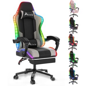 Alivio Wireless App Control LED Gaming Chair with Massage Lumbar Cushion & Retractable Footrest, 360° Recline & Swivel Breathable Leather Office Massage Chair, PU Leather Video Game Chair (Grey)