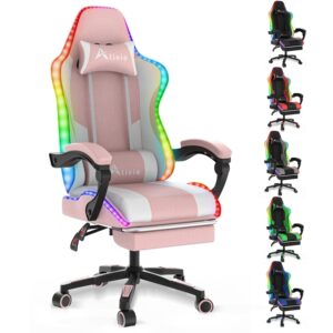 Alivio Wireless App Control LED Gaming Chair with Massage Lumbar Cushion & Retractable Footrest, 360° Recline & Swivel Breathable Leather Office Massage Chair, PU Leather Video Game Chair (Pink)