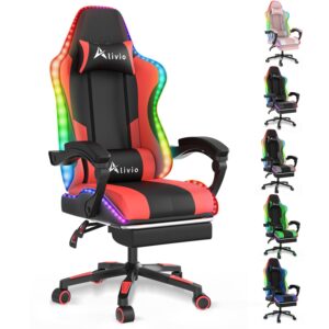 Alivio Wireless App Control LED Gaming Chair with Massage Lumbar Cushion & Retractable Footrest, 360° Recline & Swivel Breathable Leather Office Massage Chair, PU Leather Video Game Chair (Red)