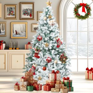 Alivio Snow Christmas Tree with Solid Metal Stand, Snow-Flocked Leaves Realistic Decorative Artificial Xmas Tree (6ft)