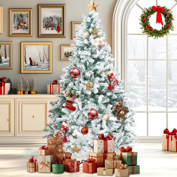 Alivio Snow Christmas Tree with Solid Metal Stand, Snow-Flocked Leaves Realistic Decorative Artificial Xmas Tree (6ft)