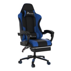 Alivio Ergonomic Gaming Chair with Massage Lumbar Cushion & Retractable Footrest, 360° Recline & Swivel Breathable Leather Office Massage Chair, PU Leather Video Game Chair (Blue)