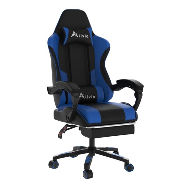 Alivio Ergonomic Gaming Chair with Massage Lumbar Cushion & Retractable Footrest, 360° Recline & Swivel Breathable Leather Office Massage Chair, PU Leather Video Game Chair (Blue)