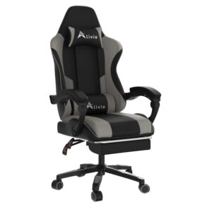 Alivio Ergonomic Gaming Chair with Massage Lumbar Cushion & Retractable Footrest, 360° Recline & Swivel Breathable Leather Office Massage Chair, PU Leather Video Game Chair (Grey)