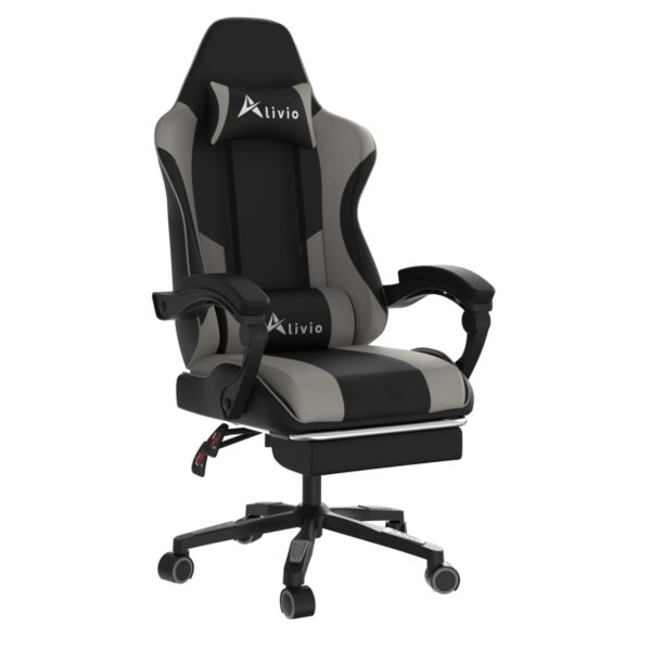 Alivio Ergonomic Gaming Chair with Massage Lumbar Cushion & Retractable Footrest, 360° Recline & Swivel Breathable Leather Office Massage Chair, PU Leather Video Game Chair (Grey)