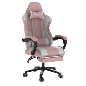 Alivio Ergonomic Gaming Chair with Massage Lumbar Cushion & Retractable Footrest, 360° Recline & Swivel Breathable Leather Office Massage Chair, PU Leather Video Game Chair (Pink)