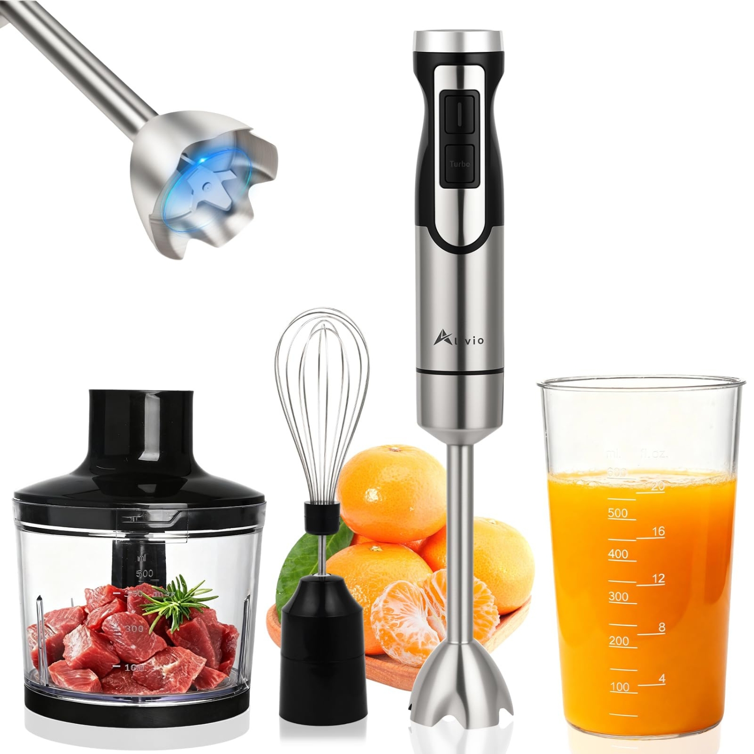 Alivio 3-in-1 Hand Blender 600W with Variable Speed & Turbo Whisk, Blender, Chopper Dishwasher Safe for Soups, Baby Food, Ice, & Nuts