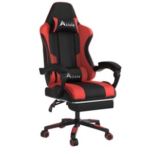 Alivio Ergonomic Gaming Chair with Massage Lumbar Cushion & Retractable Footrest, 360° Recline & Swivel Breathable Leather Office Massage Chair, PU Leather Video Game Chair (Red)