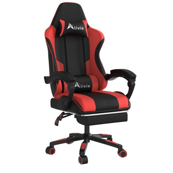 Alivio Ergonomic Gaming Chair with Massage Lumbar Cushion & Retractable Footrest, 360° Recline & Swivel Breathable Leather Office Massage Chair, PU Leather Video Game Chair (Red)