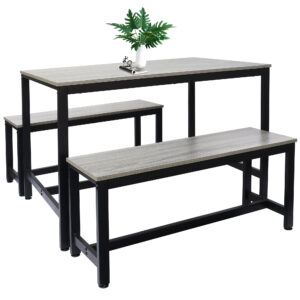 3-Piece Dining Table, Modern Soho Dining Table w/ 2 Benches & Metal Frame, Kitchen Table and Chairs for Living Dining Room (Grey)