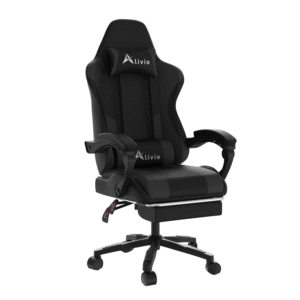 Alivio Ergonomic Gaming Chair with Massage Lumbar Cushion & Retractable Footrest, 360° Recline & Swivel Breathable Leather Office Massage Chair, PU Leather Video Game Chair (Black)