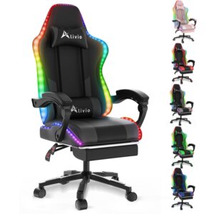 Alivio Wireless App Control LED Gaming Chair with Massage Lumbar Cushion & Retractable Footrest, 360° Recline & Swivel Breathable Leather Office Massage Chair, PU Leather Video Game Chair (Black)