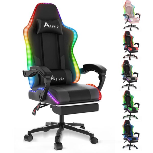 Alivio Wireless App Control LED Gaming Chair with Massage Lumbar Cushion & Retractable Footrest, 360° Recline & Swivel Breathable Leather Office Massage Chair, PU Leather Video Game Chair (Black)