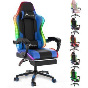 Alivio Wireless App Control LED Gaming Chair with Massage Lumbar Cushion & Retractable Footrest, 360° Recline & Swivel Breathable Leather Office Massage Chair, PU Leather Video Game Chair (Blue)