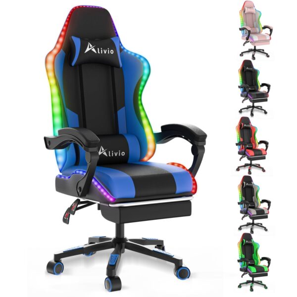 Alivio Wireless App Control LED Gaming Chair with Massage Lumbar Cushion & Retractable Footrest, 360° Recline & Swivel Breathable Leather Office Massage Chair, PU Leather Video Game Chair (Blue)