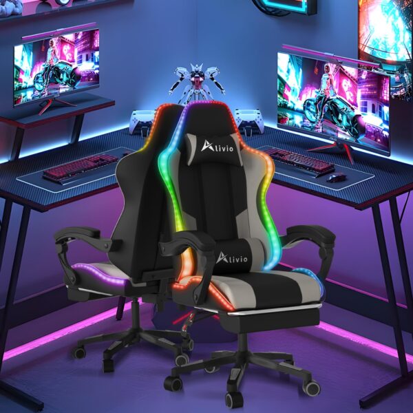 Alivio Wireless App Control LED Gaming Chair with Massage Lumbar Cushion & Retractable Footrest, 360° Recline & Swivel Breathable Leather Office Massage Chair, PU Leather Video Game Chair (Grey) - Image 2