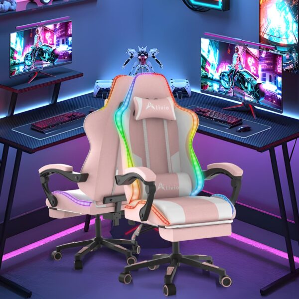 Alivio Wireless App Control LED Gaming Chair with Massage Lumbar Cushion & Retractable Footrest, 360° Recline & Swivel Breathable Leather Office Massage Chair, PU Leather Video Game Chair (Pink) - Image 2