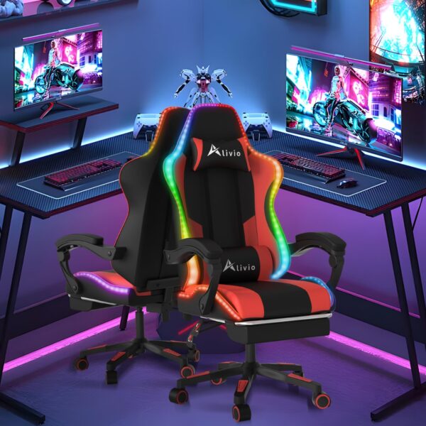 Alivio Wireless App Control LED Gaming Chair with Massage Lumbar Cushion & Retractable Footrest, 360° Recline & Swivel Breathable Leather Office Massage Chair, PU Leather Video Game Chair (Red) - Image 2