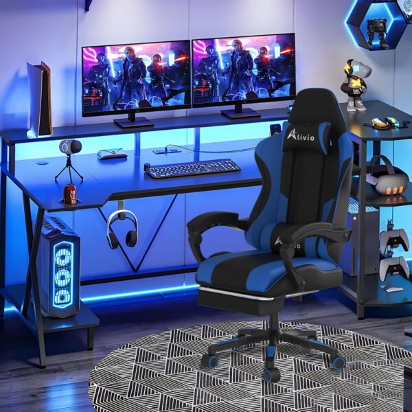 Alivio Ergonomic Gaming Chair with Massage Lumbar Cushion & Retractable Footrest, 360° Recline & Swivel Breathable Leather Office Massage Chair, PU Leather Video Game Chair (Blue) - Image 2