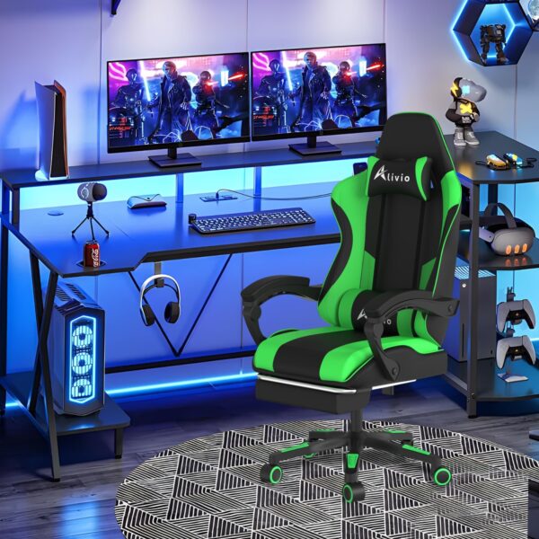 Alivio Ergonomic Gaming Chair with Massage Lumbar Cushion & Retractable Footrest, 360° Recline & Swivel Breathable Leather Office Massage Chair, PU Leather Video Game Chair (Green) - Image 2