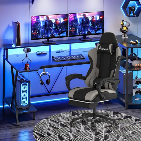 Alivio Ergonomic Gaming Chair with Massage Lumbar Cushion & Retractable Footrest, 360° Recline & Swivel Breathable Leather Office Massage Chair, PU Leather Video Game Chair (Grey) - Image 2
