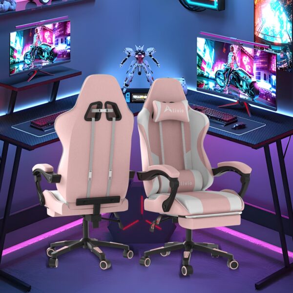 Alivio Ergonomic Gaming Chair with Massage Lumbar Cushion & Retractable Footrest, 360° Recline & Swivel Breathable Leather Office Massage Chair, PU Leather Video Game Chair (Pink) - Image 2