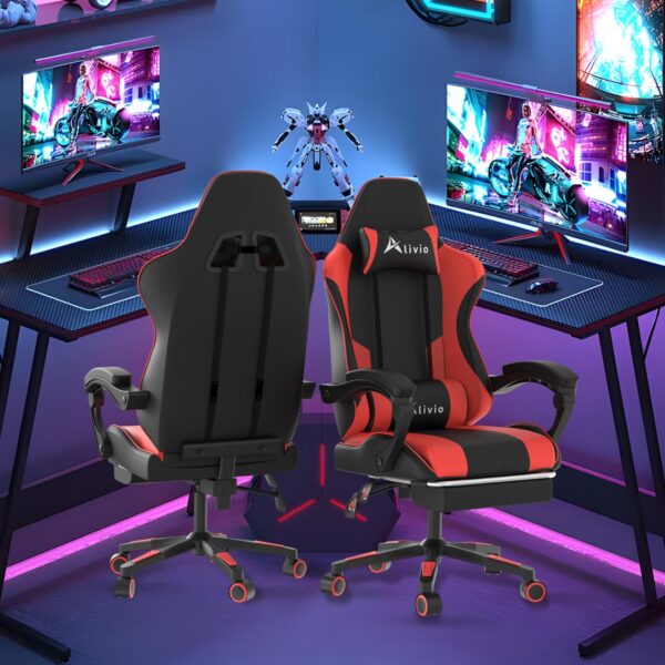 Alivio Ergonomic Gaming Chair with Massage Lumbar Cushion & Retractable Footrest, 360° Recline & Swivel Breathable Leather Office Massage Chair, PU Leather Video Game Chair (Red) - Image 2