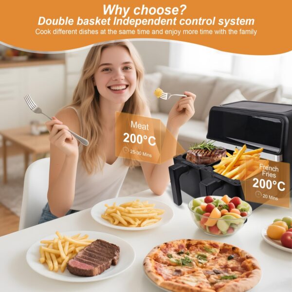 Alivio 9L Dual Basket Air Fryer with LED Touch Screen, 14 Cooking Programs, Independent Temperature Control, 360° Hot Air Circulation, Non-Stick & Dishwasher Safe, Low Oil Healthy Cooking (Black) - Image 2