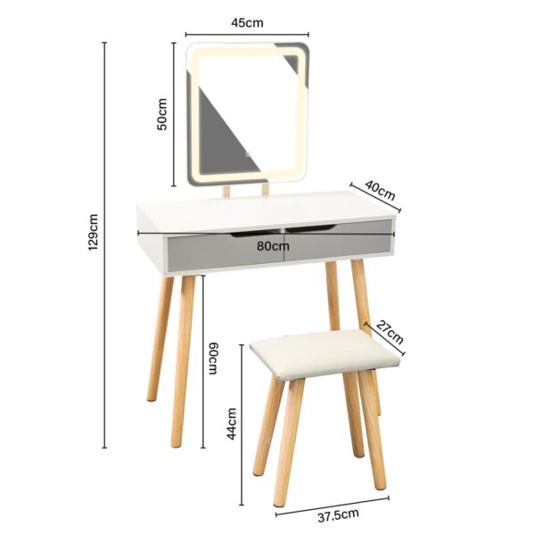 Alivio Vanity Dressing Table Set with Rectangle LED Adjustable Light Mirror, 2 Storage Drawer & Stool 80 x 40 x 129cm (Grey) - Image 2
