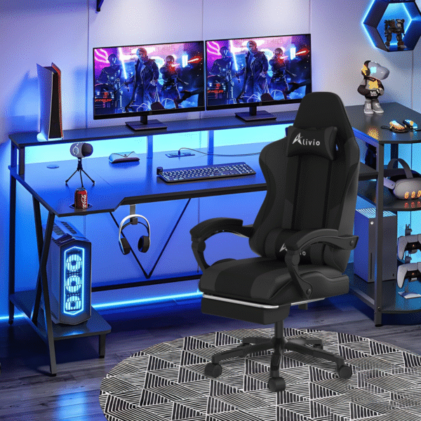 Alivio Ergonomic Gaming Chair with Massage Lumbar Cushion & Retractable Footrest, 360° Recline & Swivel Breathable Leather Office Massage Chair, PU Leather Video Game Chair (Black) - Image 2