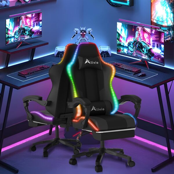 Alivio Wireless App Control LED Gaming Chair with Massage Lumbar Cushion & Retractable Footrest, 360° Recline & Swivel Breathable Leather Office Massage Chair, PU Leather Video Game Chair (Black) - Image 2