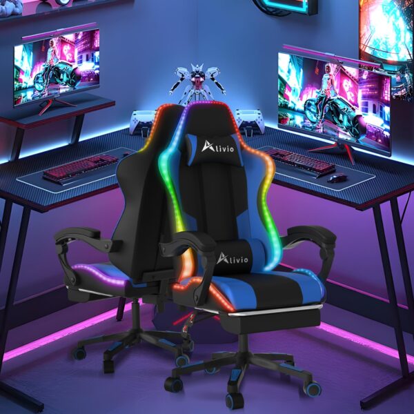 Alivio Wireless App Control LED Gaming Chair with Massage Lumbar Cushion & Retractable Footrest, 360° Recline & Swivel Breathable Leather Office Massage Chair, PU Leather Video Game Chair (Blue) - Image 2