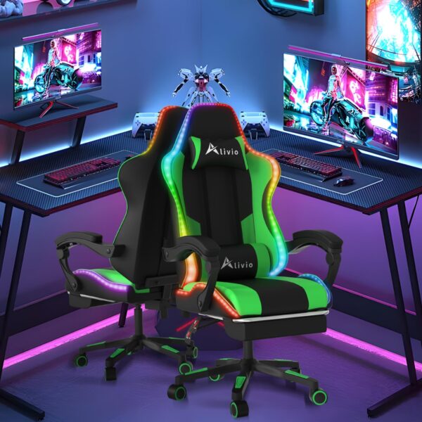 Alivio Wireless App Control LED Gaming Chair with Massage Lumbar Cushion & Retractable Footrest, 360° Recline & Swivel Breathable Leather Office Massage Chair, PU Leather Video Game Chair (Green) - Image 2