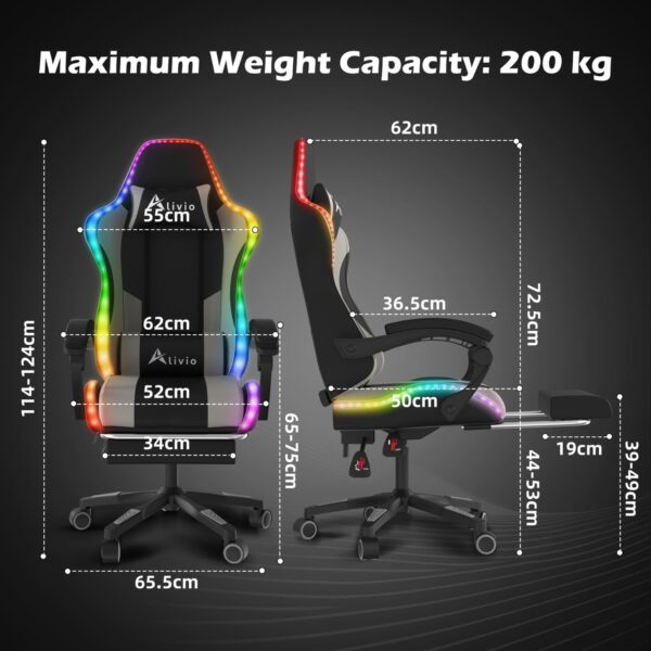Alivio Wireless App Control LED Gaming Chair with Massage Lumbar Cushion & Retractable Footrest, 360° Recline & Swivel Breathable Leather Office Massage Chair, PU Leather Video Game Chair (Grey) - Image 3