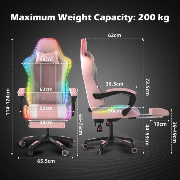 Alivio Wireless App Control LED Gaming Chair with Massage Lumbar Cushion & Retractable Footrest, 360° Recline & Swivel Breathable Leather Office Massage Chair, PU Leather Video Game Chair (Pink) - Image 3
