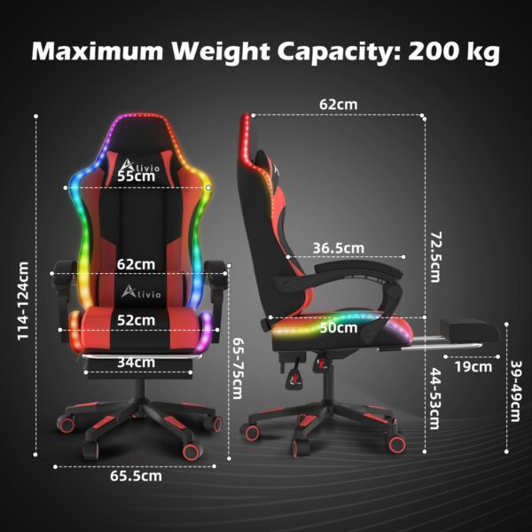 Alivio Wireless App Control LED Gaming Chair with Massage Lumbar Cushion & Retractable Footrest, 360° Recline & Swivel Breathable Leather Office Massage Chair, PU Leather Video Game Chair (Red) - Image 3