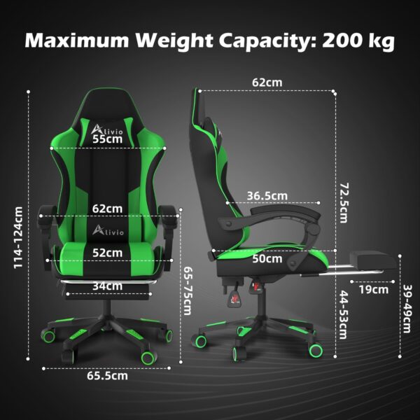 Alivio Ergonomic Gaming Chair with Massage Lumbar Cushion & Retractable Footrest, 360° Recline & Swivel Breathable Leather Office Massage Chair, PU Leather Video Game Chair (Green) - Image 3