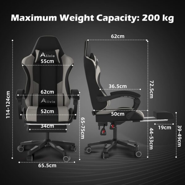 Alivio Ergonomic Gaming Chair with Massage Lumbar Cushion & Retractable Footrest, 360° Recline & Swivel Breathable Leather Office Massage Chair, PU Leather Video Game Chair (Grey) - Image 3