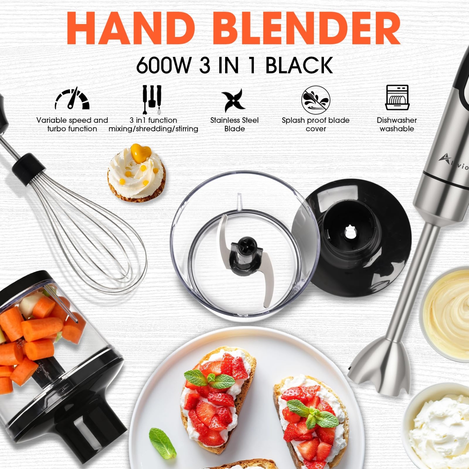 Alivio 3-in-1 Hand Blender 600W with Variable Speed & Turbo Whisk, Blender, Chopper Dishwasher Safe for Soups, Baby Food, Ice, & Nuts - Image 3