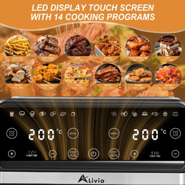 Alivio 9L Dual Basket Air Fryer with LED Touch Screen, 14 Cooking Programs, Independent Temperature Control, 360° Hot Air Circulation, Non-Stick & Dishwasher Safe, Low Oil Healthy Cooking (Black) - Image 3