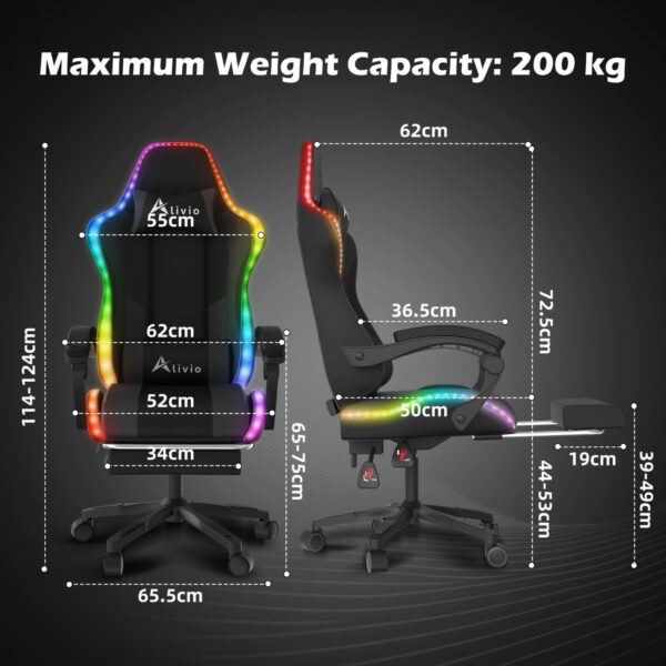 Alivio Wireless App Control LED Gaming Chair with Massage Lumbar Cushion & Retractable Footrest, 360° Recline & Swivel Breathable Leather Office Massage Chair, PU Leather Video Game Chair (Black) - Image 3